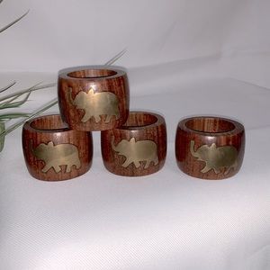 Set of 4 wood with brass inlay elephant napkin rings